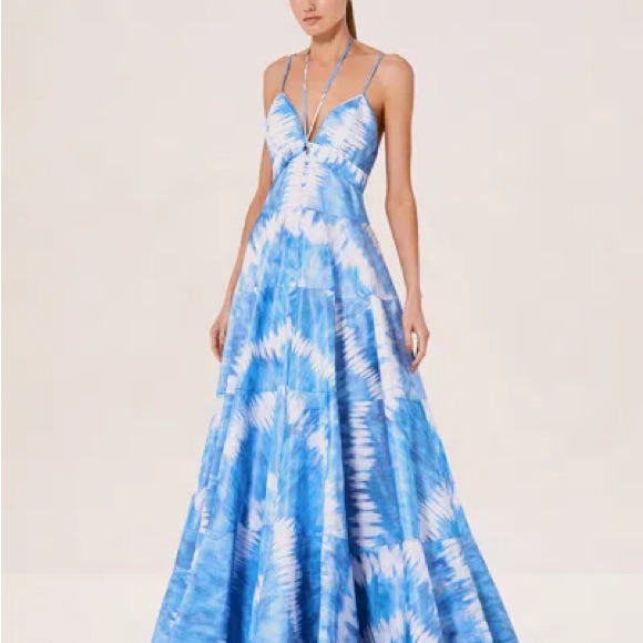 Alexis Lidia Dress In Azure Blue And White Tiered Maxi Gown